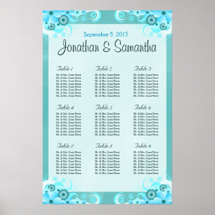Aqua Blue Floral Wedding Table Seating Charts