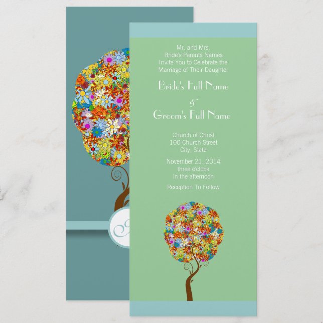 Aqua Blue Flower Love Tree Wedding Invitation (Front/Back)