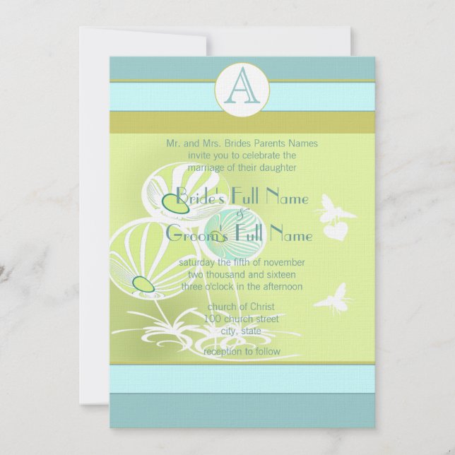 Aqua Blue Flowers and Bees Wedding Invitation (Front)