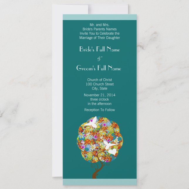 Aqua Blue Flowers and Bees Wedding Invitation (Front)
