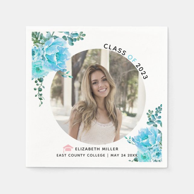 Aqua blue flowers Class of 2022 graduation photo Napkin (Front)