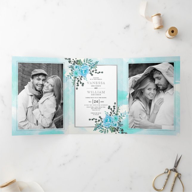Aqua blue flowers, leaves floral summer wedding Tri-Fold invitation (Inside)