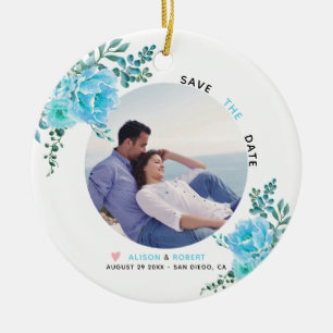 Aqua blue flowers wedding Save the Date photo Ceramic Tree Decoration