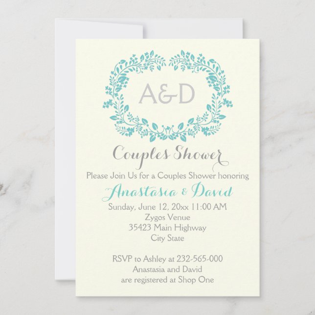 Aqua blue foliage initials wedding couples shower invitation (Front)