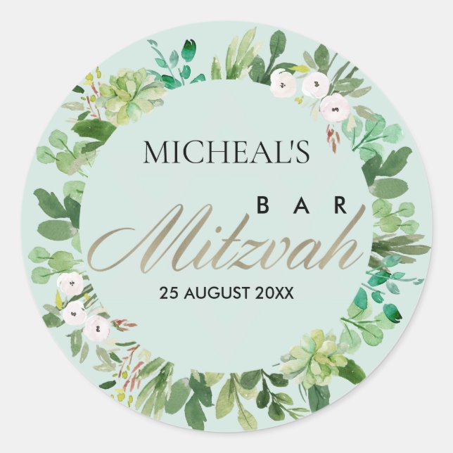AQUA BLUE FOLIAGE WREATH STAR BAR BAT MITZVAH CLASSIC ROUND STICKER (Front)