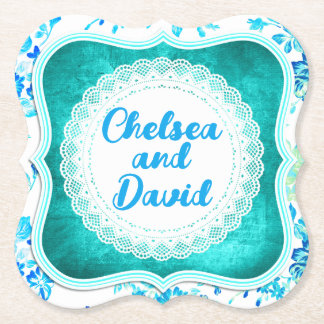 Aqua Blue Frame Vintage Wedding or Party Paper Coaster