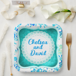 Aqua Blue Frame Vintage Wedding or Party Paper Plate