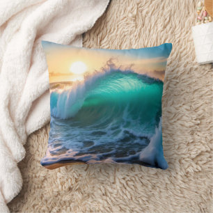 Aqua Blue Frozen Ocean Waves Seascape  Cushion