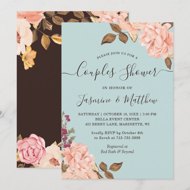 Aqua Blue ft. Blush Floral Wedding Couples Shower Invitation (Front/Back)