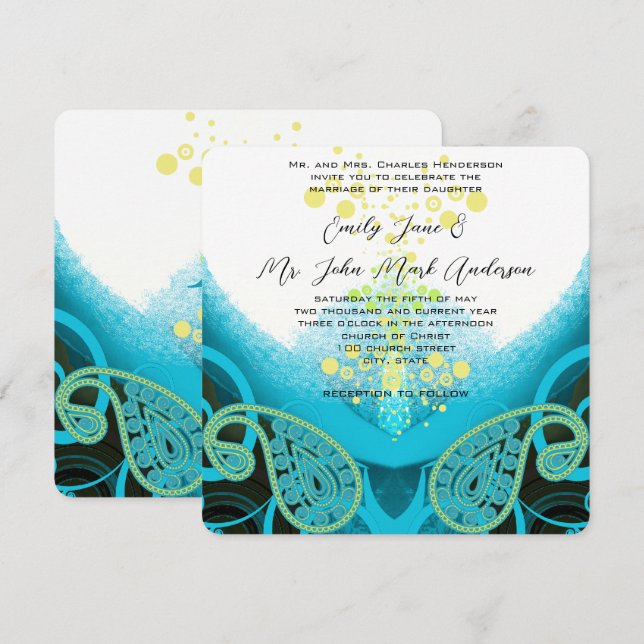 Aqua Blue Fuchsia, Lime Paisley Calla Lily Invitation (Front/Back)