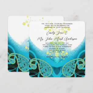 Aqua Blue Fuchsia, Lime Paisley Calla Lily Invitation