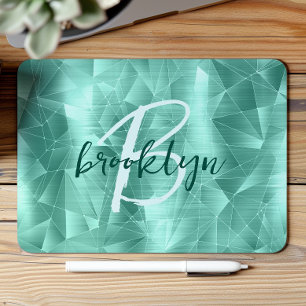 Aqua Blue Geometric Brushed Metal Script Monogram Mouse Mat