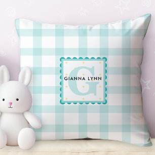 Aqua Blue Gingham Customisable Monogram Cushion