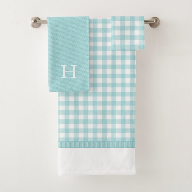 Aqua Blue Gingham Monogrammed Towel Set (Insitu)