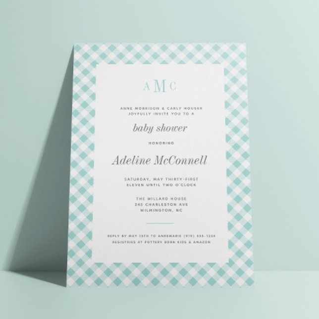 Aqua Blue Gingham Traditional Baby Shower Invitation (Creator Uploaded)