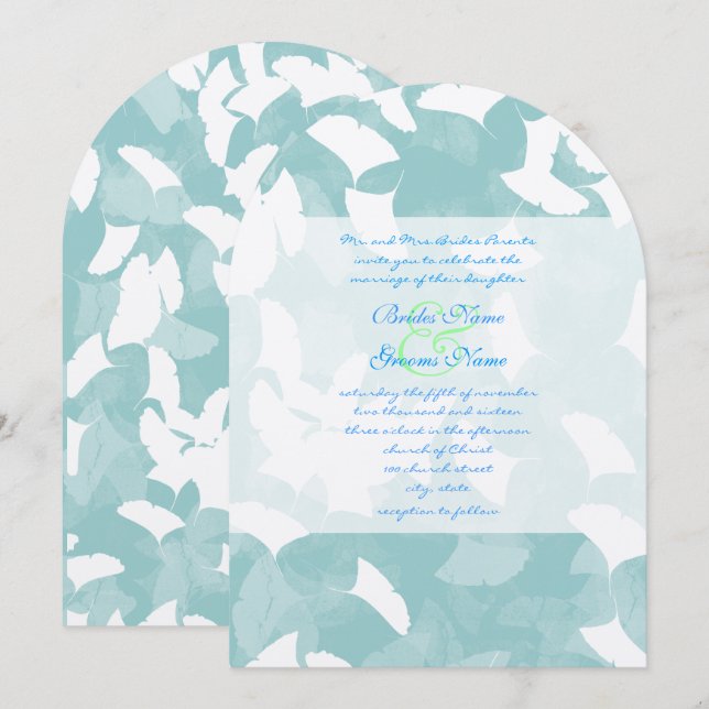 Aqua Blue Ginkgo Leaves Wedding Invitation (Front/Back)