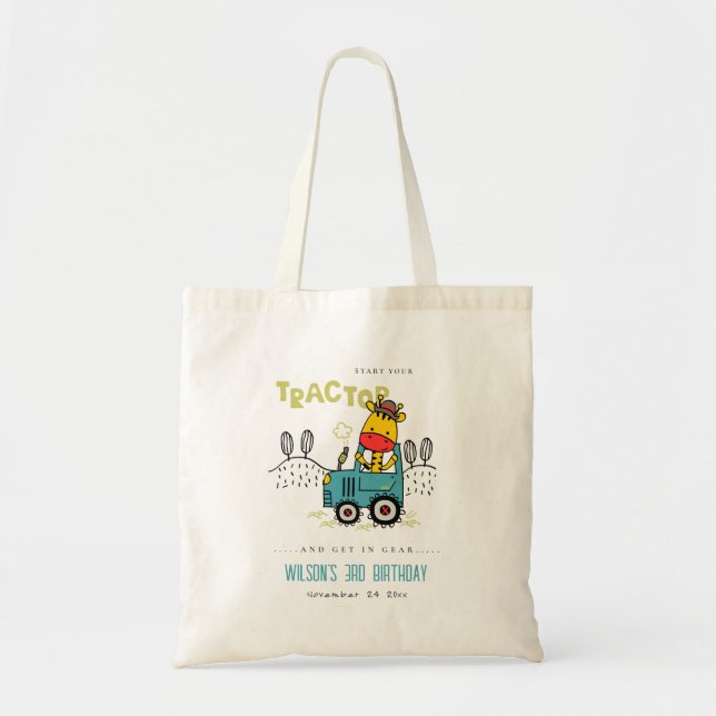 Aqua Blue Giraffe In Farm Tractor Boys Birthday Tote Bag (Front)