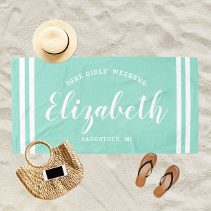 Aqua Blue Girls Weekend Monogram Name Beach Towel
