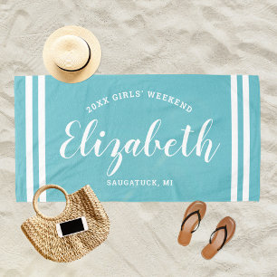 Aqua Blue Girls Weekend Personalised Name Beach Towel