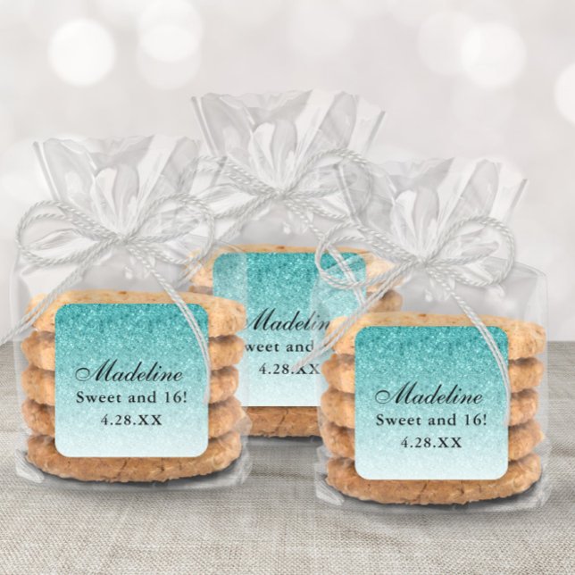 Aqua Blue Glam Glitter Personalised Square Sticker (Creator Uploaded)
