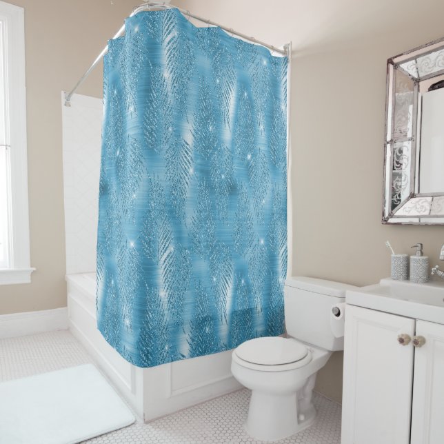 Aqua Blue Glam Glitter Tropical leaves Shower Curtain (In Situ)