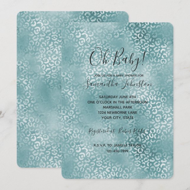 Aqua Blue Glam Leopard Print Invitation (Front/Back)