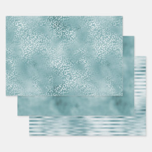 Aqua Blue Glam Leopard Print Wrapping Paper Sheet