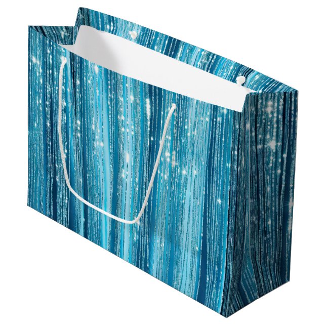 Aqua Blue Glam Tinsel Stripes Large Gift Bag (Front Angled)