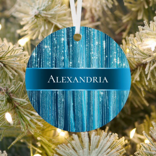 Aqua Blue Glam Tinsel Stripes Metal Tree Decoration (Insitu)