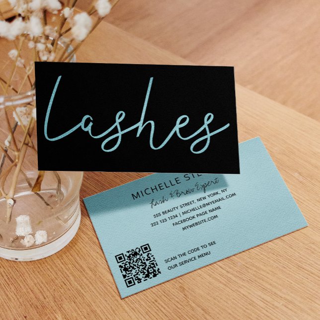 Aqua blue glitter black lash technician typography business card (Creator Uploaded)