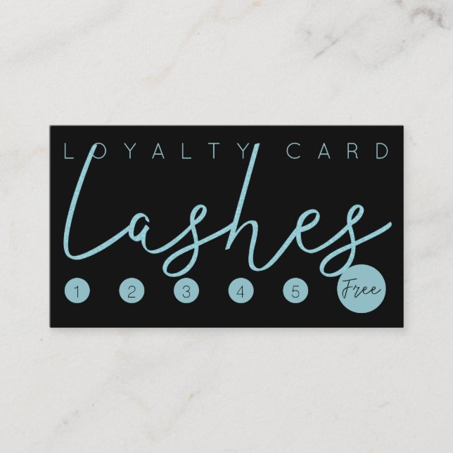 Aqua blue glitter black lashes typography loyalty business card (Front)