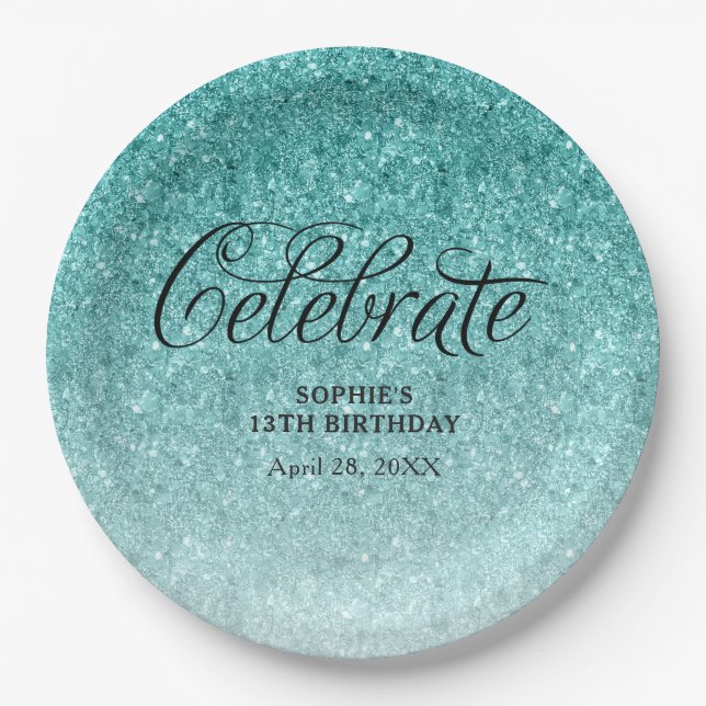 Aqua Blue Glitter Celebrate Personalised Paper Plate (Front)