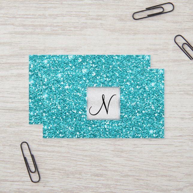 Aqua Blue Glitter Chic Glam Glitzy Salon Spa Business Card (Front/Back In Situ)