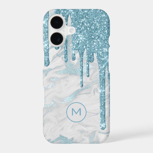Aqua Blue Glitter Drips Monogrammed (Back)