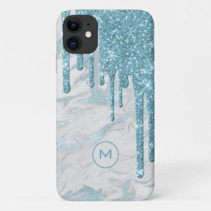 Aqua Blue Glitter Drips Monogrammed iPhone 11 Case