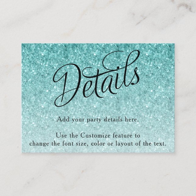Aqua Blue Glitter Fancy Script Detail Enclosure Card (Front)