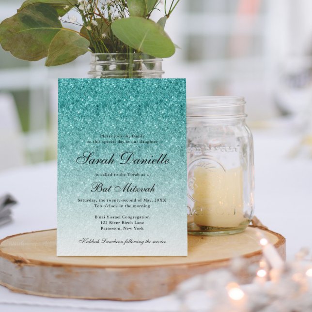 Aqua Blue Glitter Glam Bat Mitzvah Invitation (Creator Uploaded)