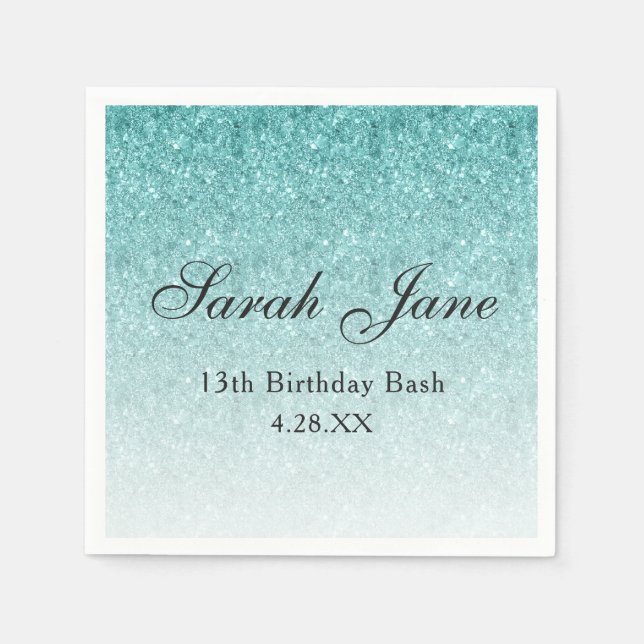 Aqua Blue Glitter Glam Personalised Napkin (Front)