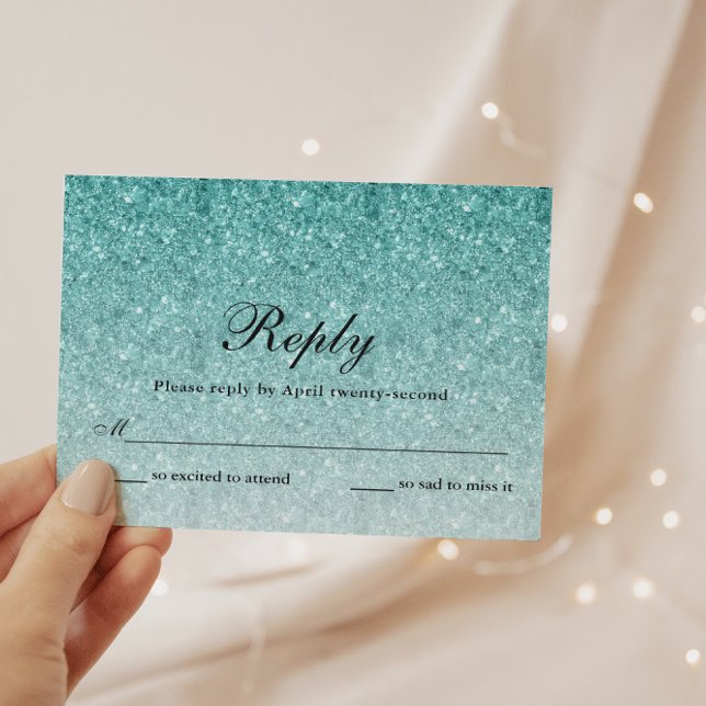 Aqua Blue Glitter Glam Personalised Reply Card (Creator Uploaded)