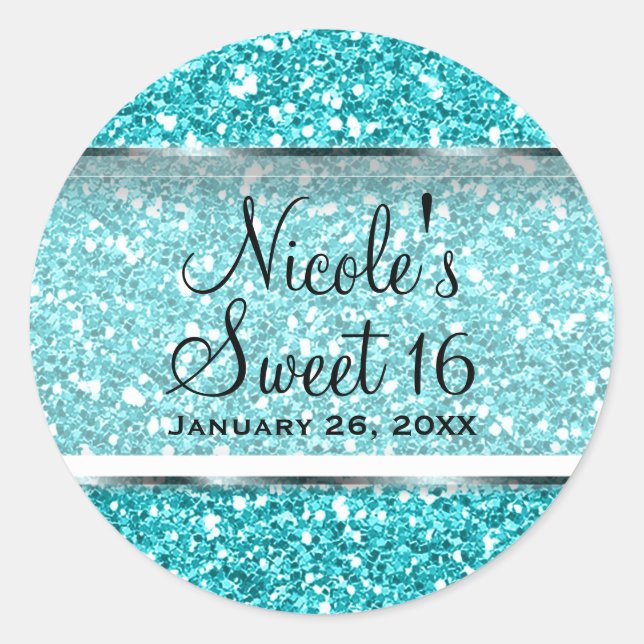 Aqua Blue Glitter Glam Sweet 16 Custom Party Favou Classic Round Sticker (Front)