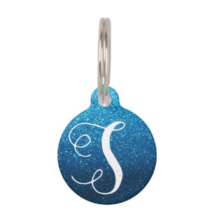 Aqua Blue Glitter Monogram Cat Dog Nametag Info