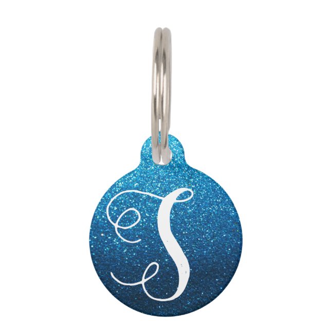 Aqua Blue Glitter Monogram Cat Dog Nametag Info (Front)
