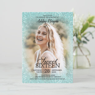 Aqua Blue Glitter Photo Template Sweet 16 Party