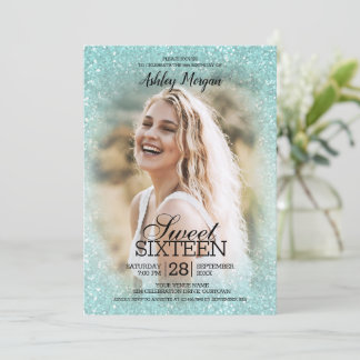 Aqua Blue Glitter Photo Template Sweet 16 Party