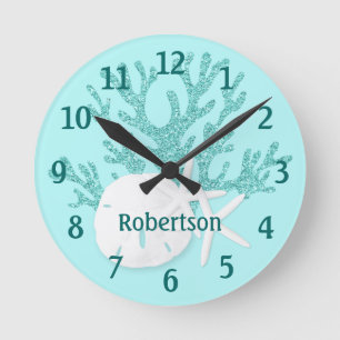 Aqua Blue Glitter Sand Dollar Starfish Beach Round Clock
