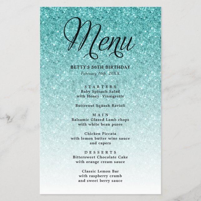 Aqua Blue Glitter Script Heading Party Menu (Front)
