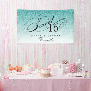 Aqua Blue Glitter Sweet 16 Personalised Birthday Banner