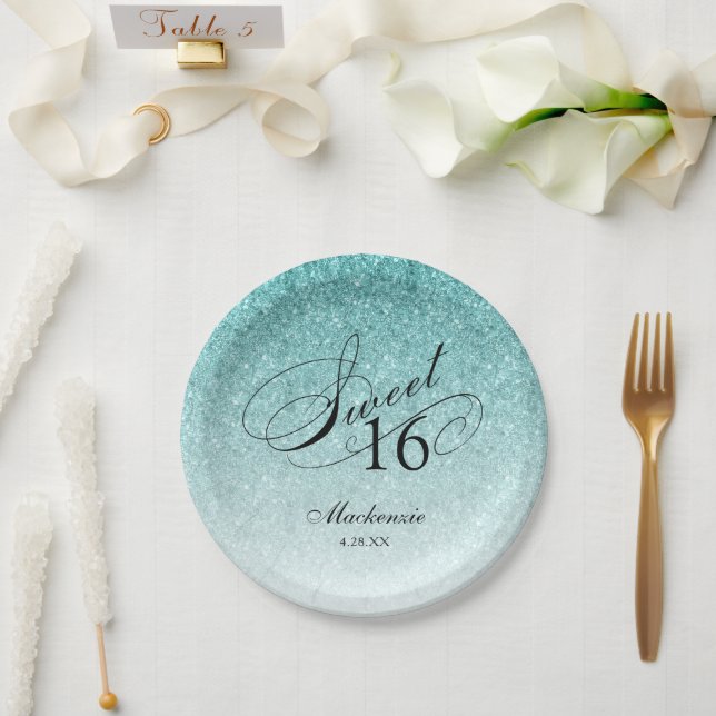 Aqua Blue Glitter Sweet 16 Personalised Paper Plate (Wedding)