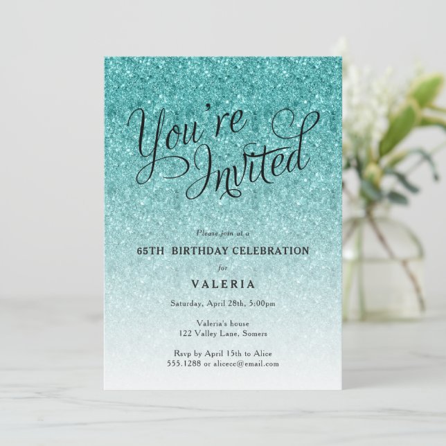 Aqua Blue Glitter You're Invited Party Invitation (Standing Front)