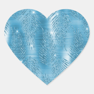 Aqua Blue Glitzy Glitter Tropical Leaves Heart Sticker